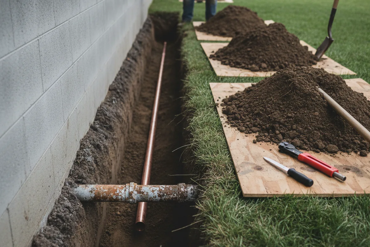 Excavated water line trench during Sewer Line Repair in Flatonia